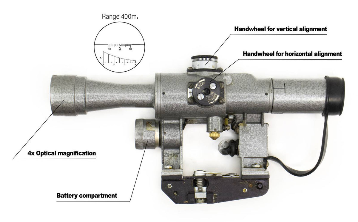 SVD Dragunov Scope 4x24 POSP - 400m Range Finding Reticule Calibrated For 1.7m Height -Red Illuminated Reticle
