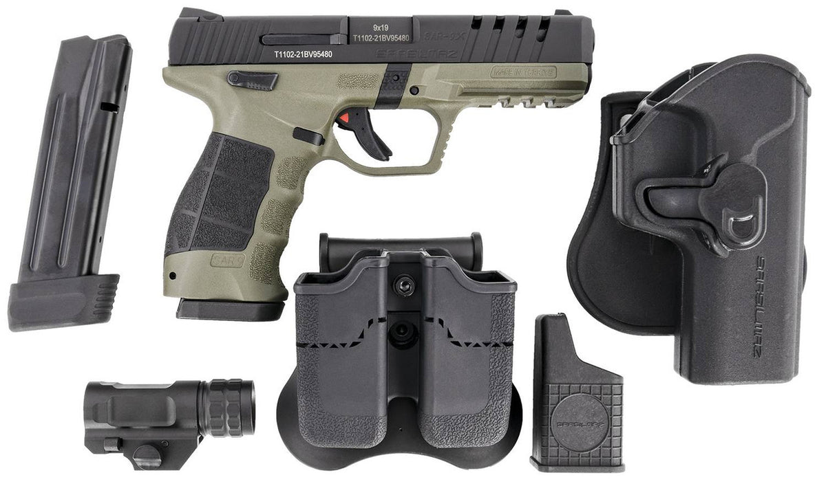 Sar USA SAR9XRDODBL SAR9X 9mm Luger 4.40 17+1, 19+1 (2) OD Green Cerakote Polymer Frame Black Cerakote Steel Slide Black Interchangeable Backstrap Grip