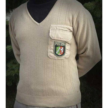 German Khaki Police V Neck Sweater with Breast Pocket - Large - Used
