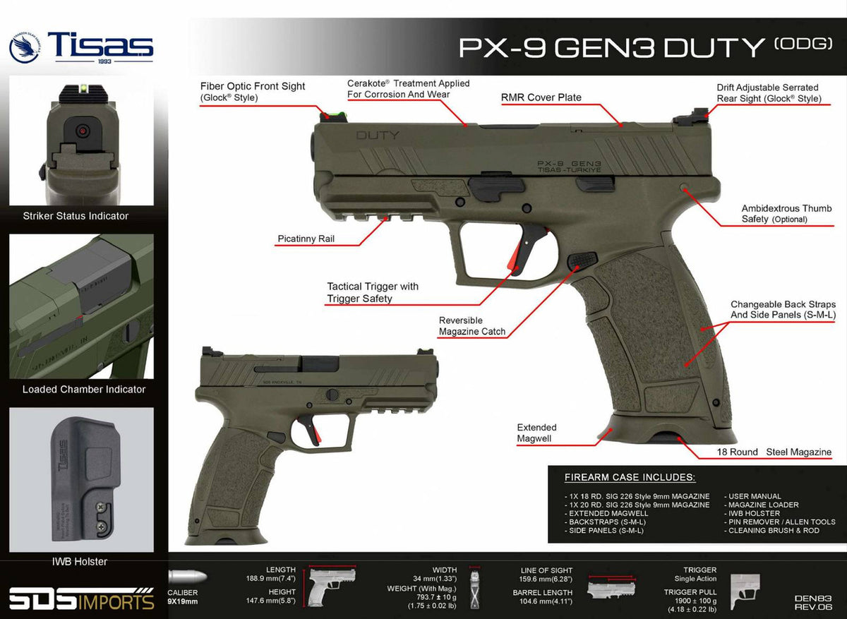 SDS Imports PX-9 Gen 3 9mm Luger 4.11 20+1,18+1 OD Green Cerakote Steel Slide with RMR Optic Cut OD Green Polymer Frame/Interchangeable Backstrap Grip Fiber Optic Sights Right Hand Includes Case & Holster