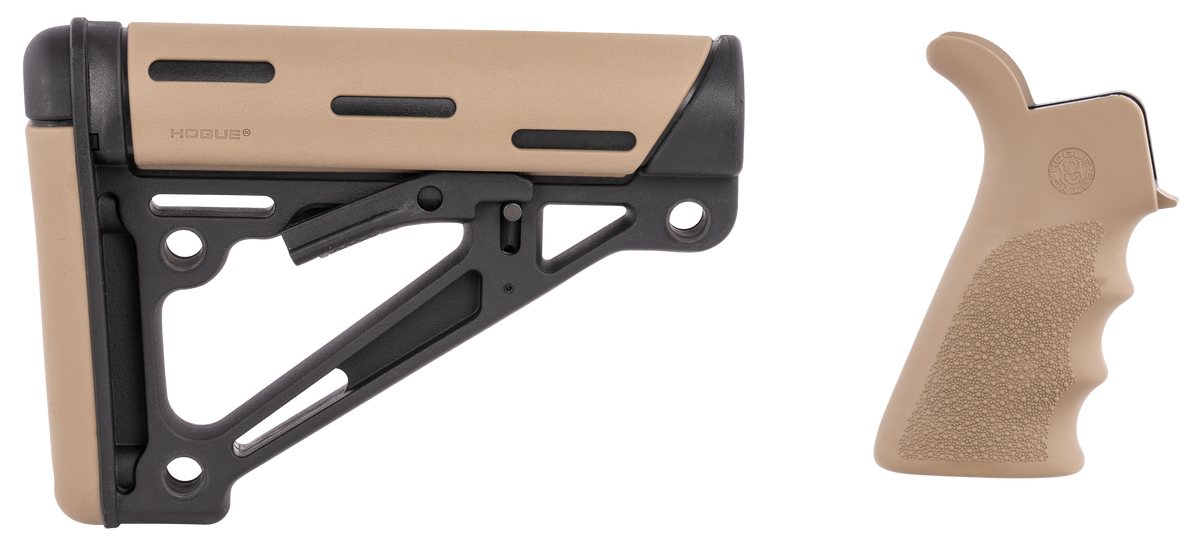 Hogue 15355 OverMolded Collapsible Buttstock Black Synthetic w/FDE Rubber Beavertail Finger Groove Grip - AR-15/M16 Commercial Tube