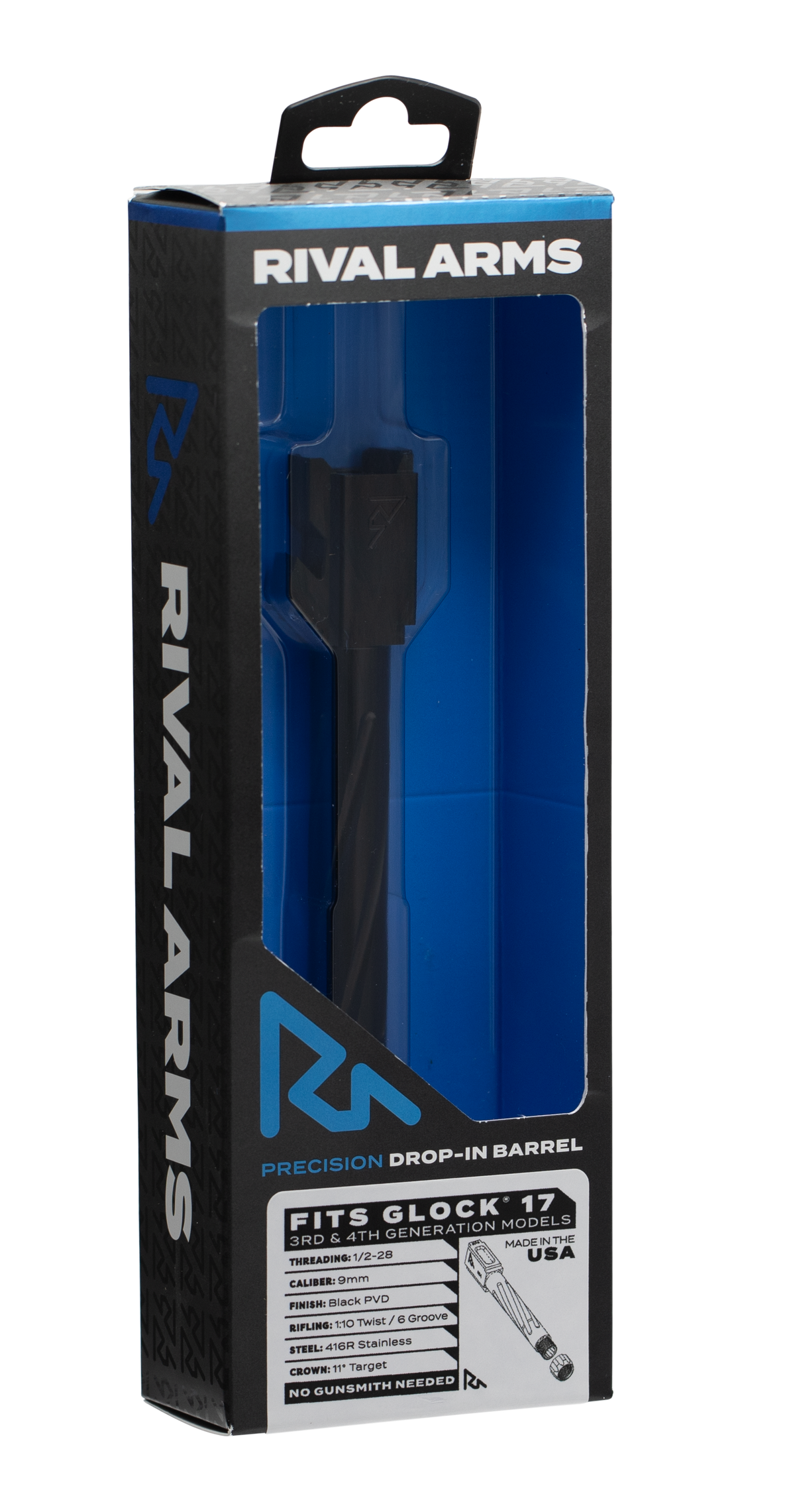 Rival Arms Precision 9mm Luger 4.49" Fluted Threaded Drop-In Barrel 416R Stainless Steel Black PVD - Glock 17 Gen3/4