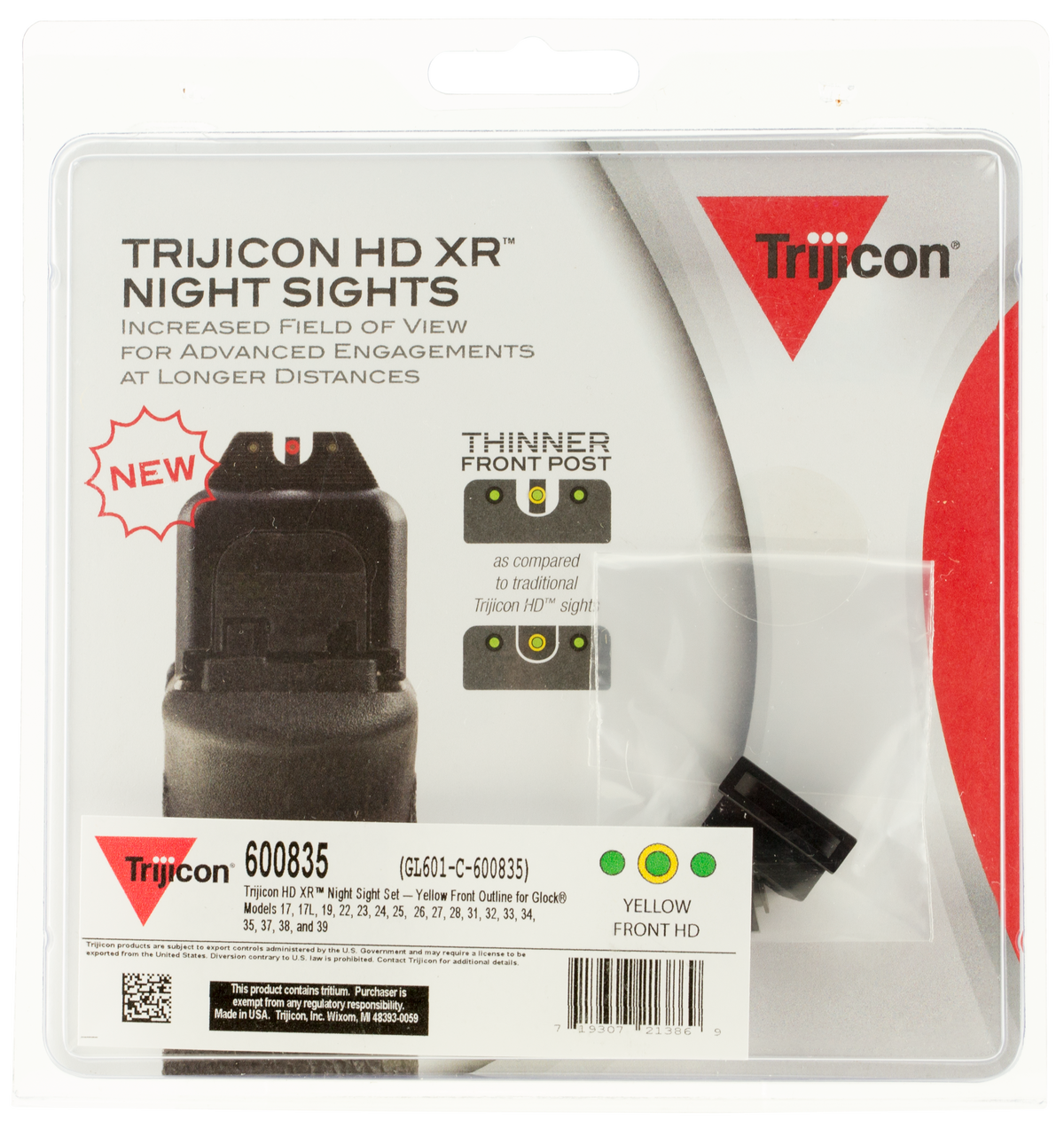 Trijicon HD XR Night Sights Green Tritium Yellow Outline Front / Black Outline Rear - Fits Glock 17/17L/19/22 Standard Frame