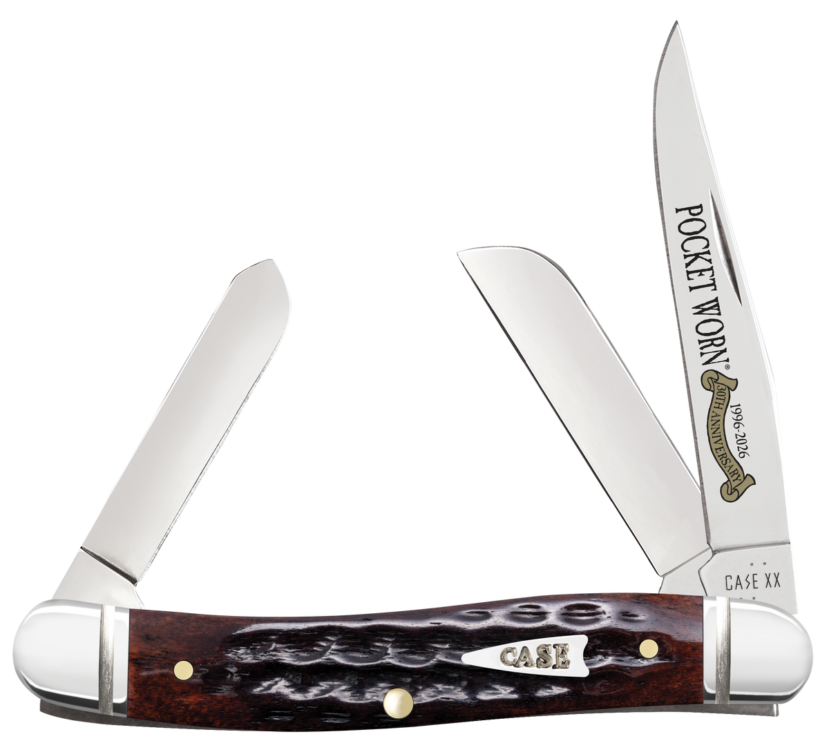 Case Medium Stockman 3-Blade 3.63" Folding Knife - Clip Point/Sheepsfoot/Spey Plain Tru-Sharp SS - Mahogany Corn Cob Jigged Bone