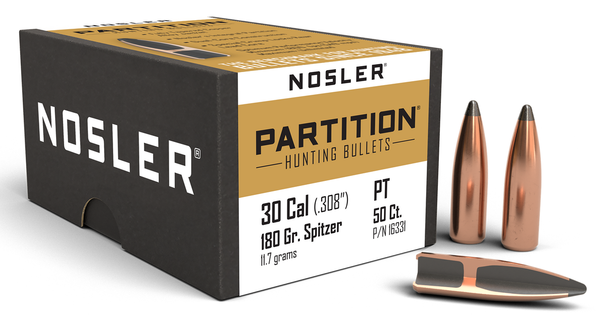 Nosler Partition 30 Cal .308 180gr Spitzer Reloading Bullets - 50/Box