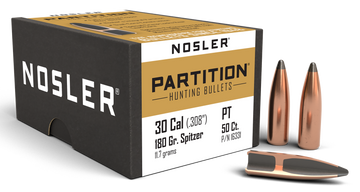 Nosler Partition 30 Cal .308 180gr Spitzer Reloading Bullets - 50/Box