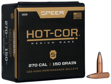 Speer Ammo 1605 Hot-Cor 270 Cal 150gr Spitzer Soft Point Rifle Reloading Bullets - 100/Box