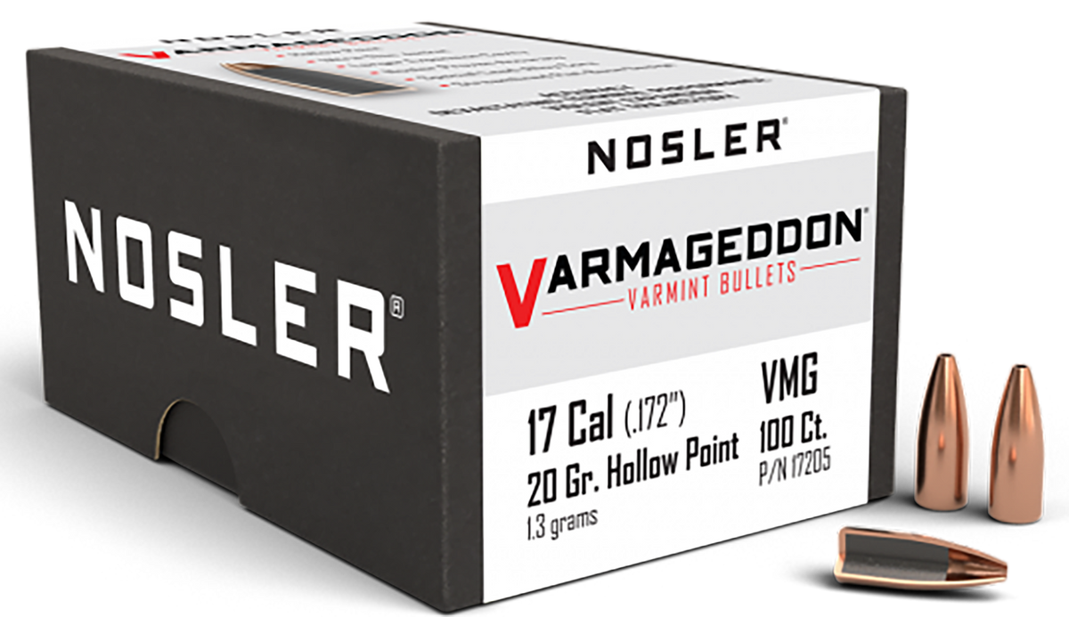 Nosler Varmageddon 17 Cal .172 20gr Flat Base Hollow Point Reloading Bullets - 100/Box