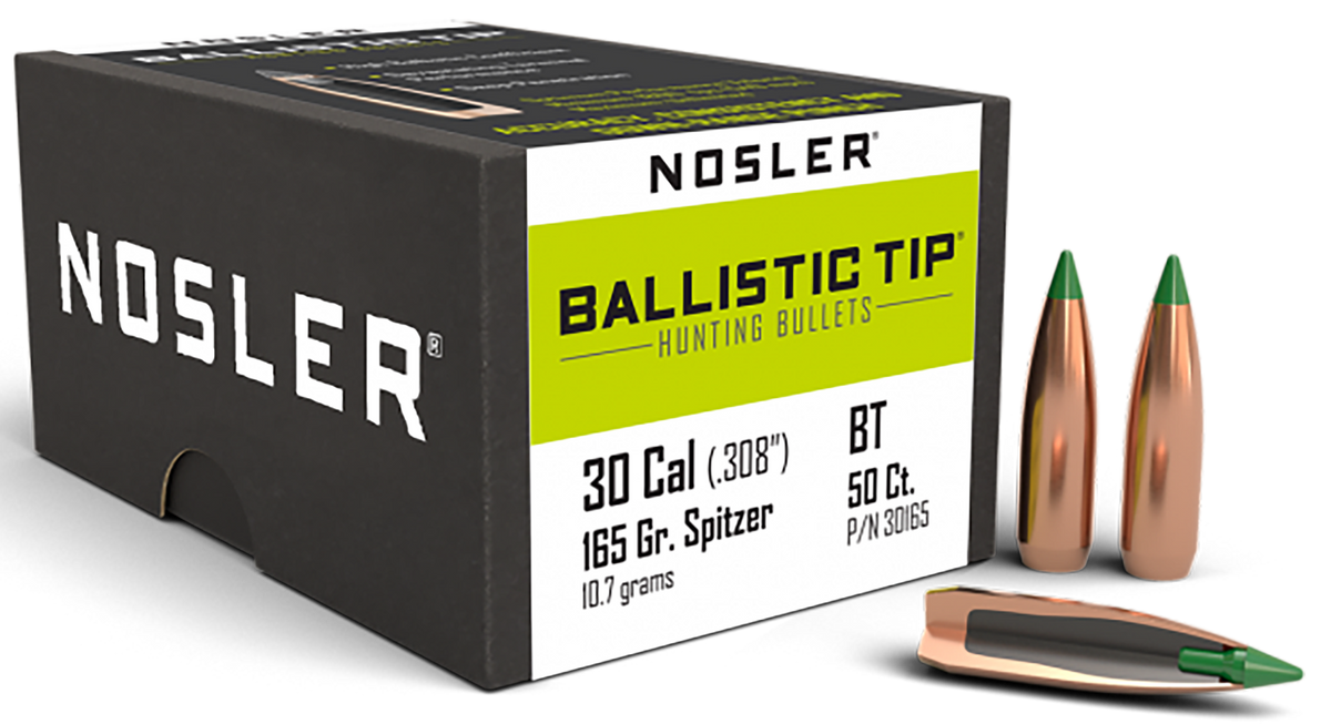 Nosler Ballistic Tip Hunting 30 Cal .308 165gr Spitzer Reloading Bullets - 50/Box