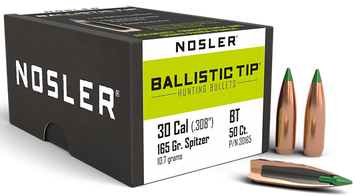 Nosler Ballistic Tip Hunting 30 Cal .308 165gr Spitzer Reloading Bullets - 50/Box