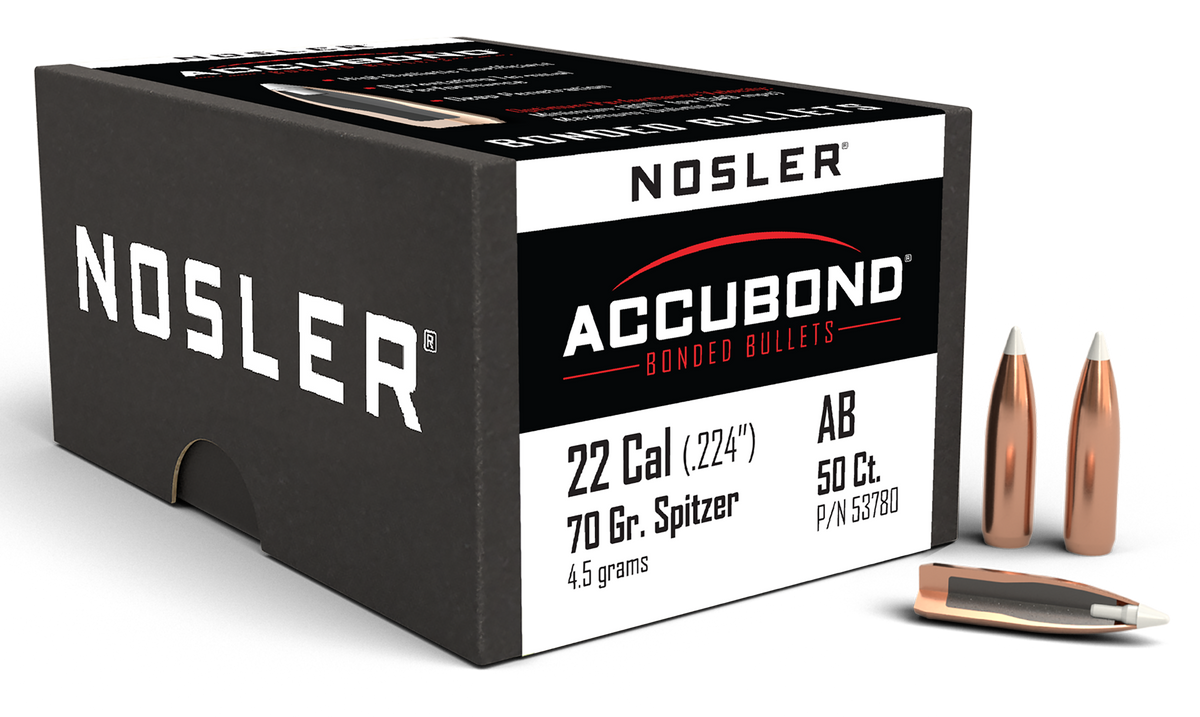 Nosler AccuBond 22 Cal 70gr Spitzer Point Reloading Bullets - 50/Box