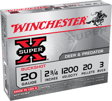Winchester Ammo Super X 20 Gauge 2.75" 20 Pellets #3 Buck Shot 15 Rd - Box or Case