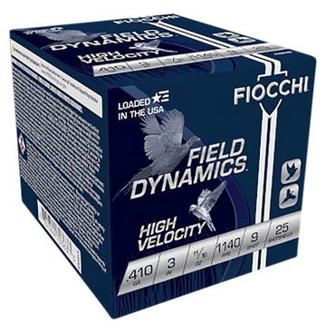 Fiocchi Field Dynamics High Velocity 410 Bore 3" 11/16oz #9 Shot 25 Rd - Box or Case