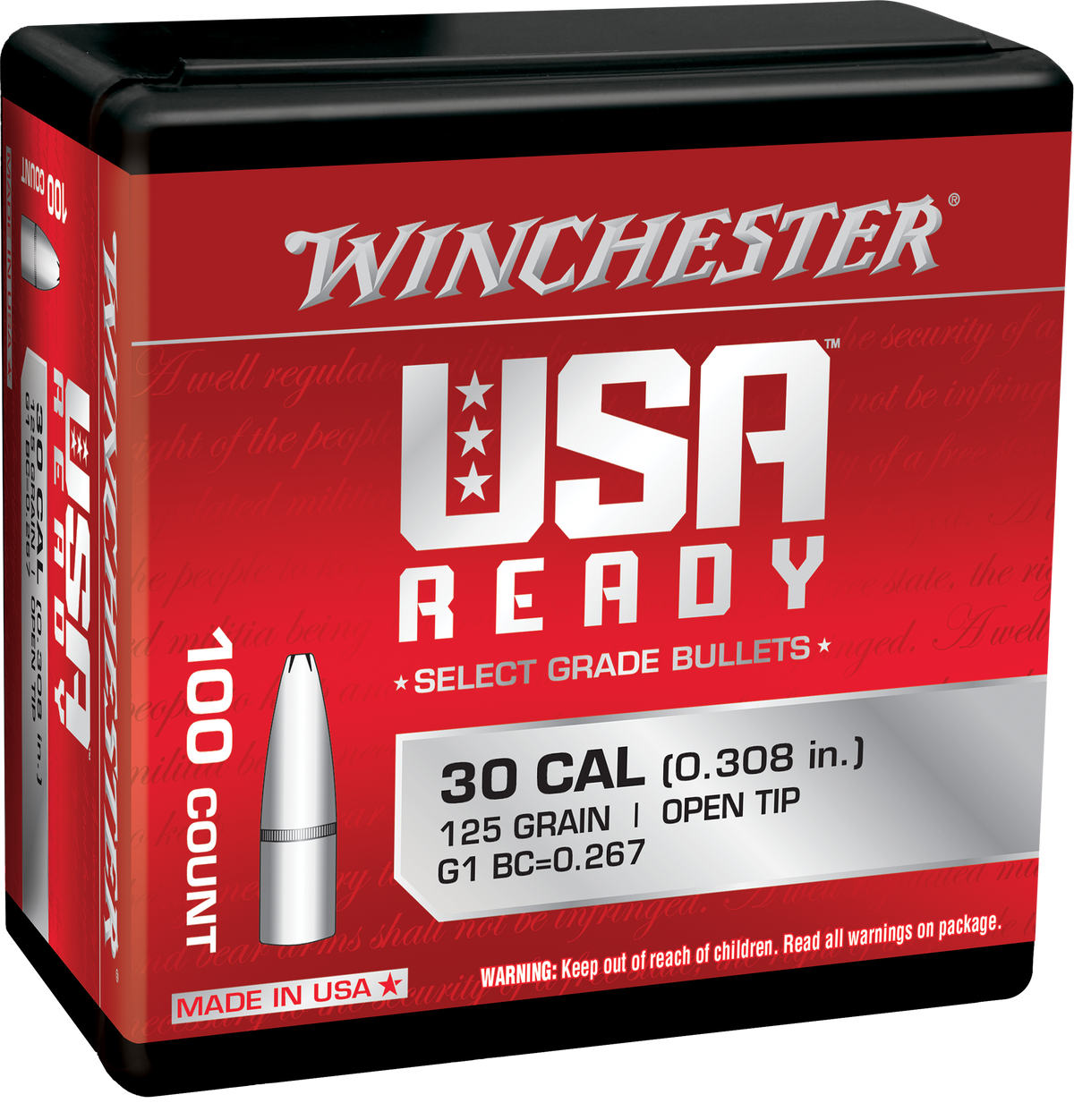 Winchester Ammo Centerfire Rifle .308 125gr Open Tip Reloading Bullets - 100/Box