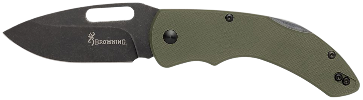 Browning Hidden Hollow EDC Large 3" Folding Drop Point Plain D2 Steel Blade OD Green G10 Handle
