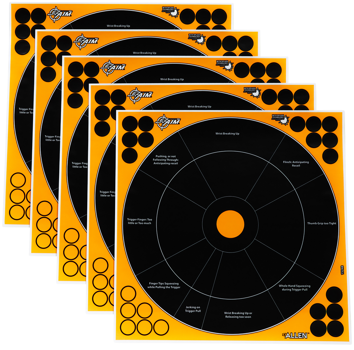 EZ-Aim 15248 Splash Reactive Self-Adhesive Paper Bullseye Target 12" Black/Orange - 5 Pack