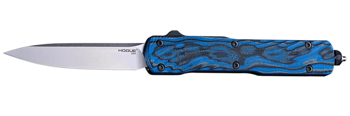 Hogue Counterstrike 3.35" OTF Drop Point Plain Stone Tumbled CPM 20CV - G-Mascus Blue Aluminum/G10