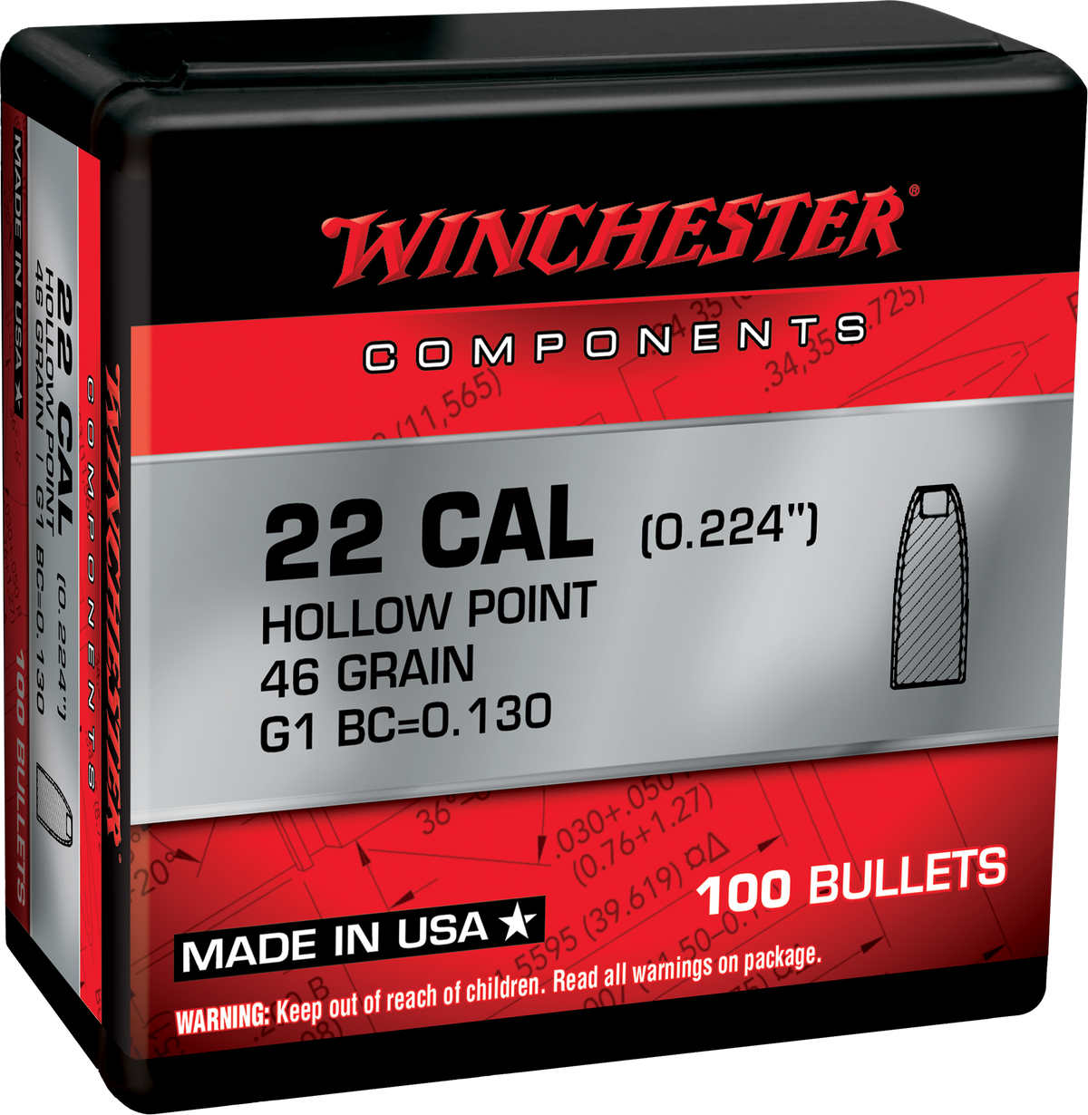 Winchester Ammo 22 Hornet 46gr Hollow Point Reloading Bullets - 100/Box