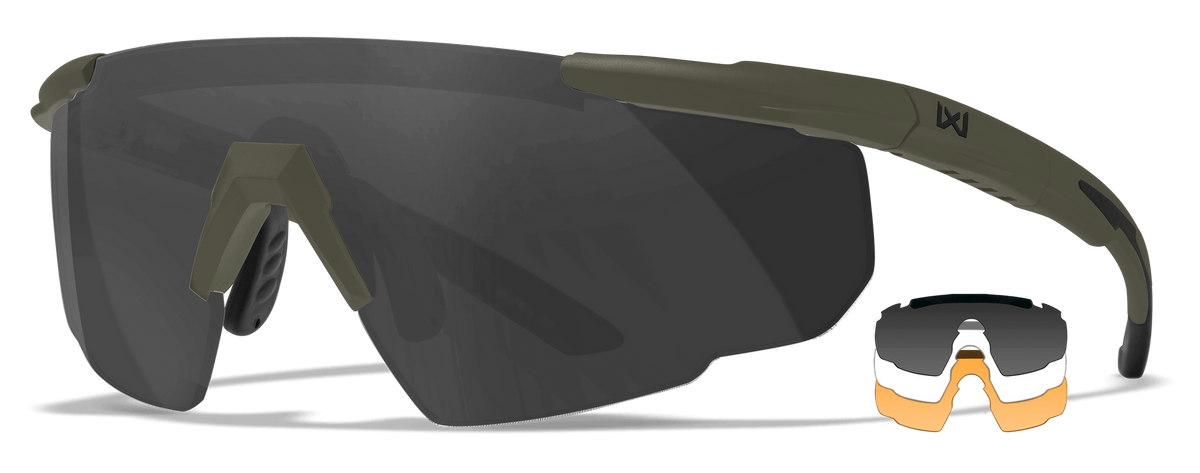 Wiley X Saber Advanced 308G Safety Glasses Smoke Gray / Clear / Light Rust - Matte OD Green Frame