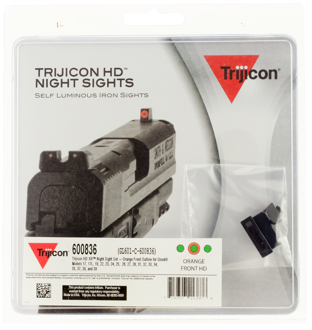 Trijicon HD XR Night Sight Set - Green Tritium w/Orange Outline Front, Green Tritium w/Black Outline Rear - Fits Glock 17/17L/19/22-39 Standard Frame