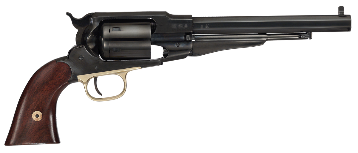 Cimarron Preacher 1858 45 Colt/44 Cal 8" 6-Shot SAO Revolver - Blued w/Gold Frame, Walnut Grip