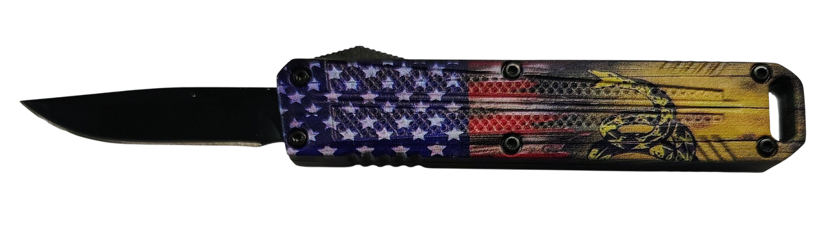 Xcaliber Knife Company Drop Point Mini 1.80" OTF Plain 440C - US Flag Aluminum