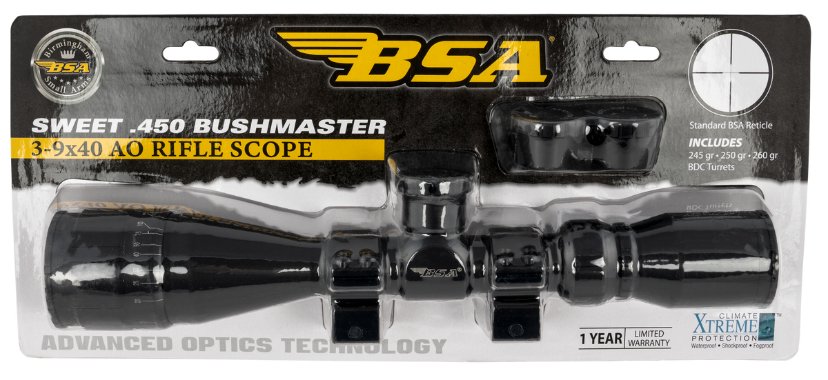 BSA Sweet 450 Bushmaster 3-9x40mm AO 30/30 Reticle Matte Black Rifle Scope w/ Rings