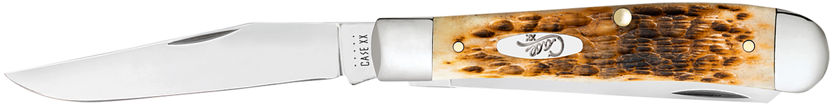 Case Trapper 3.25"/3.27" Folding Clip Point/Spey Plain Mirror Polished Tru-Sharp SS - Peach Seed Jigged Amber Bone Handle