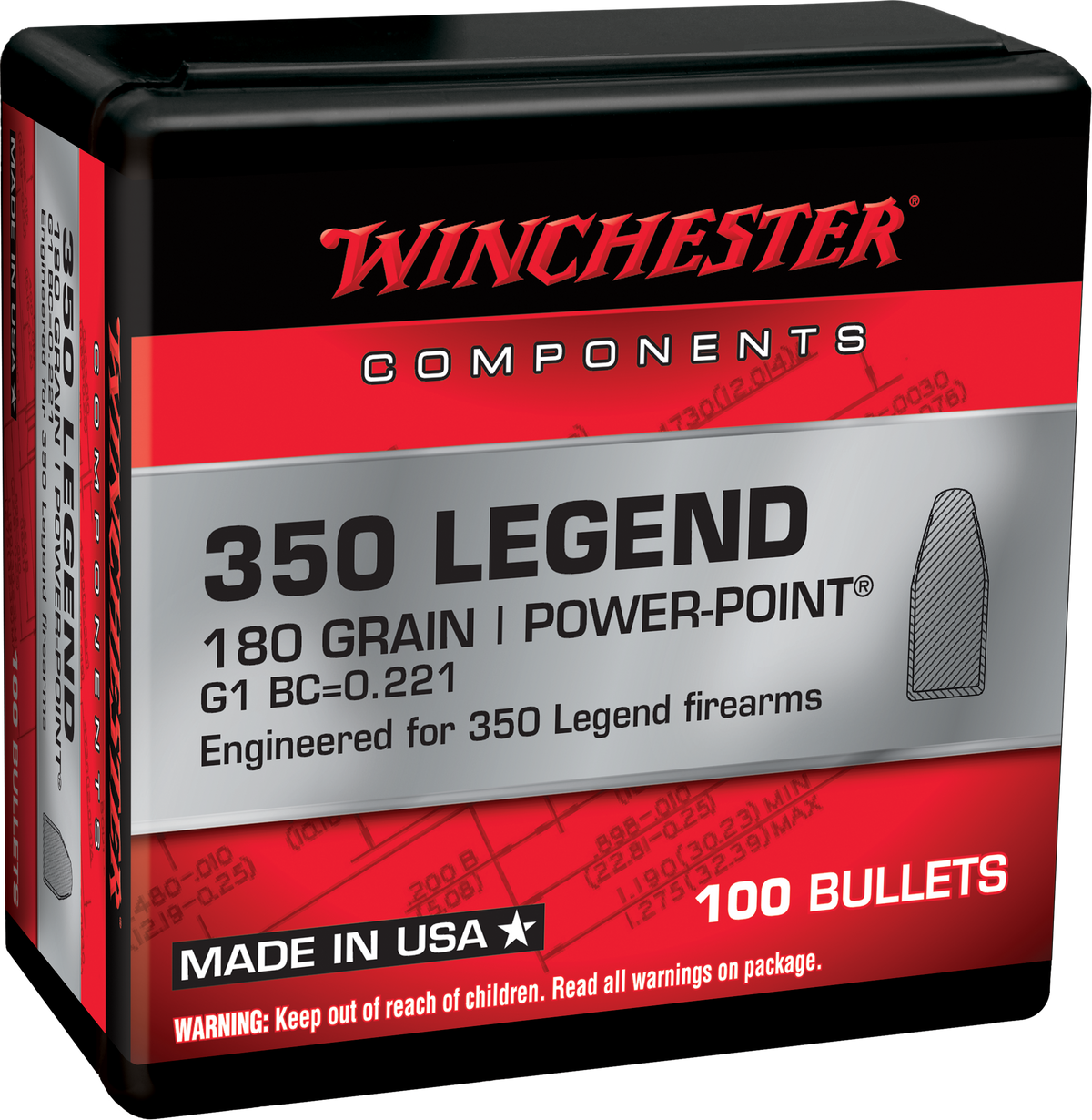 Winchester Ammo Power Point 350 Legend 180gr Reloading Bullets - 100/Box