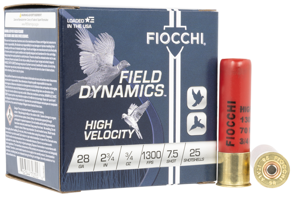 Fiocchi 28HV75 Field Dynamics High Velocity 28 Gauge 2.75" 3/4 oz #7.5 Shot 25 Bx/10 Cs - Box or Case