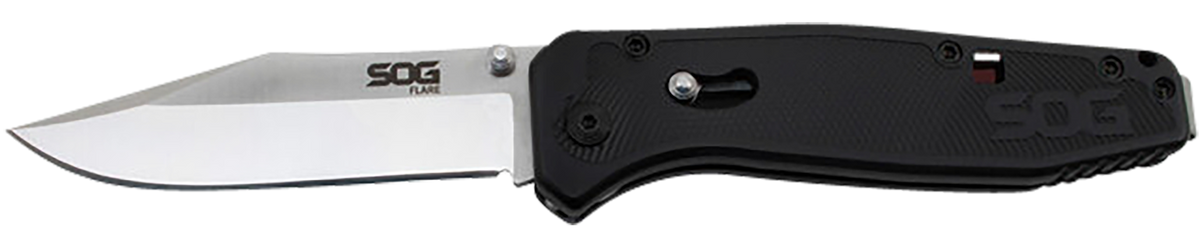 S.O.G Flare 3.50" Folding Plain Clip Point 8Cr13MoV Satin Black GRN Handle
