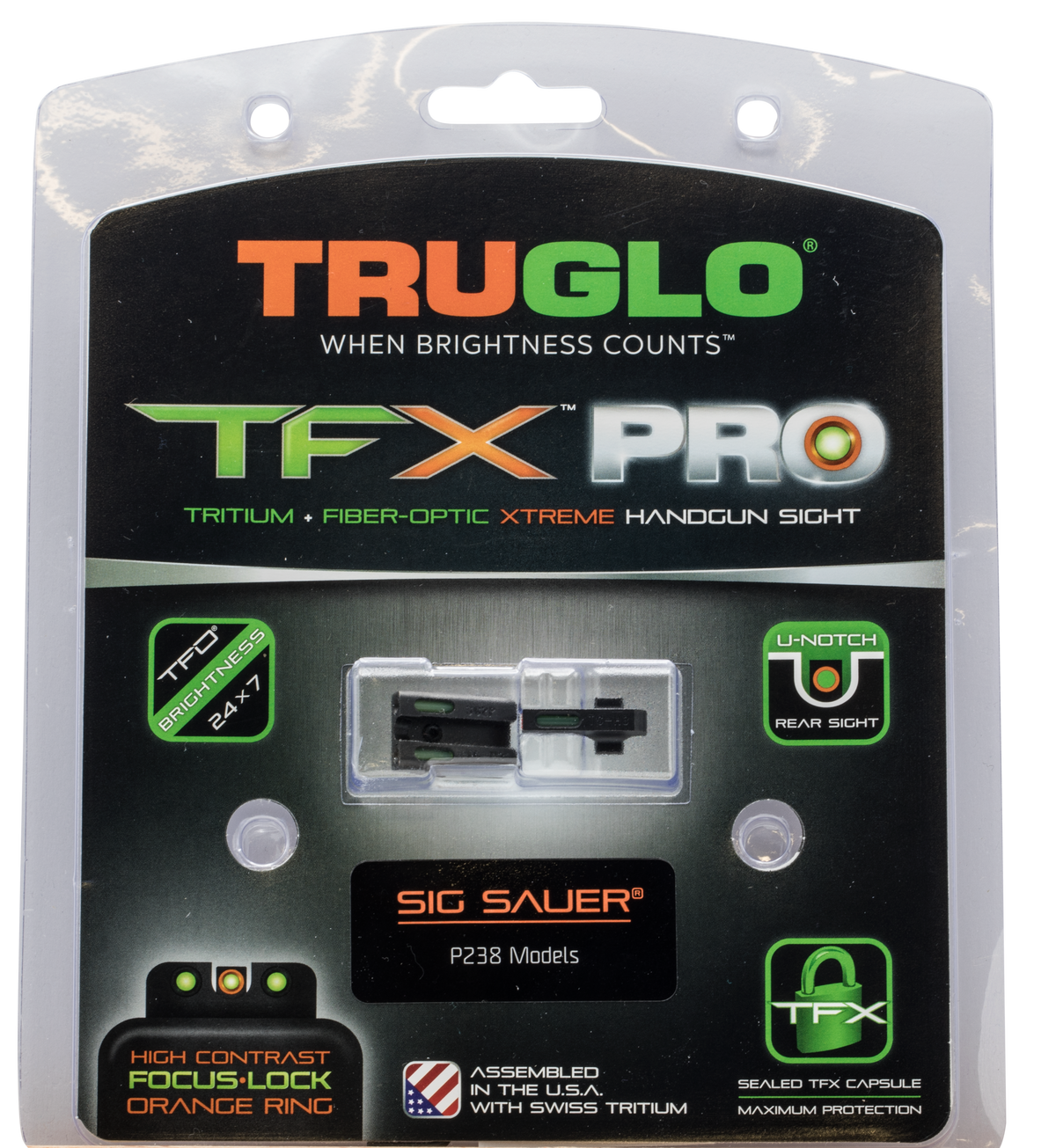TruGlo TFX Pro Sig Sauer P238 #6 Front/#6 Rear Green Tritium Fiber Optic Sight Set - Black Nitride
