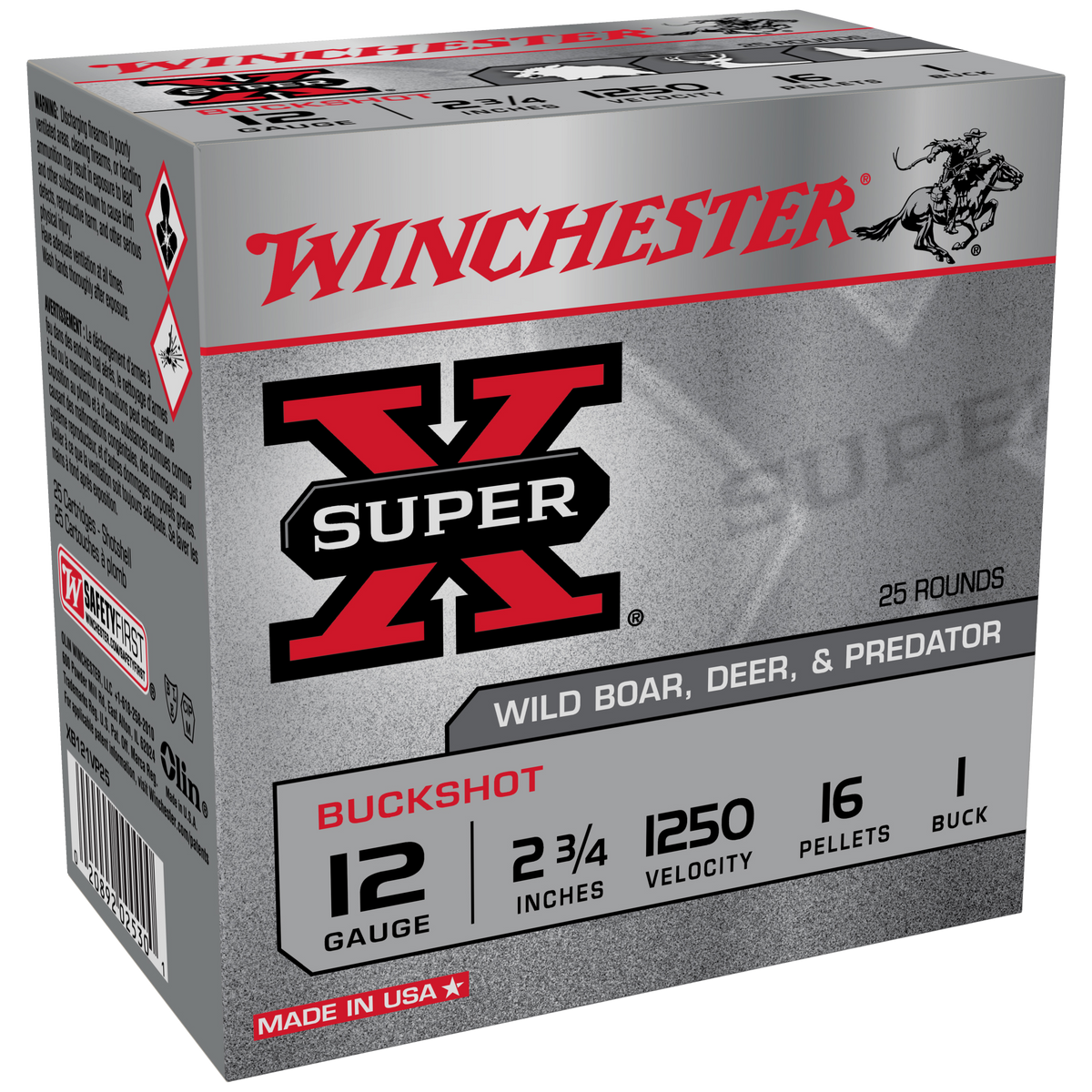 Winchester Ammo Super X 12 Gauge 2.75" 16 Pellets 1 Buck 25 Rd - Box or Case