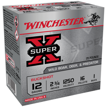 Winchester Ammo Super X 12 Gauge 2.75" 16 Pellets 1 Buck 25 Rd - Box or Case