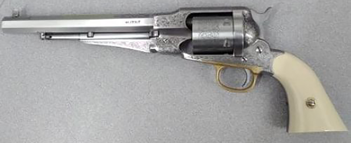 Taylor's & Company 1858 Remington Conversion 45 LC 8" 6-Rd SAO Revolver - Nickel Engraved Ivory Grip
