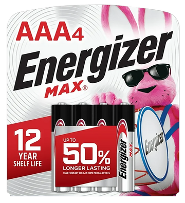 Energizer E92BP4 MAX AAA 1.5V Alkaline Batteries (4-Pack) - Black / Silver