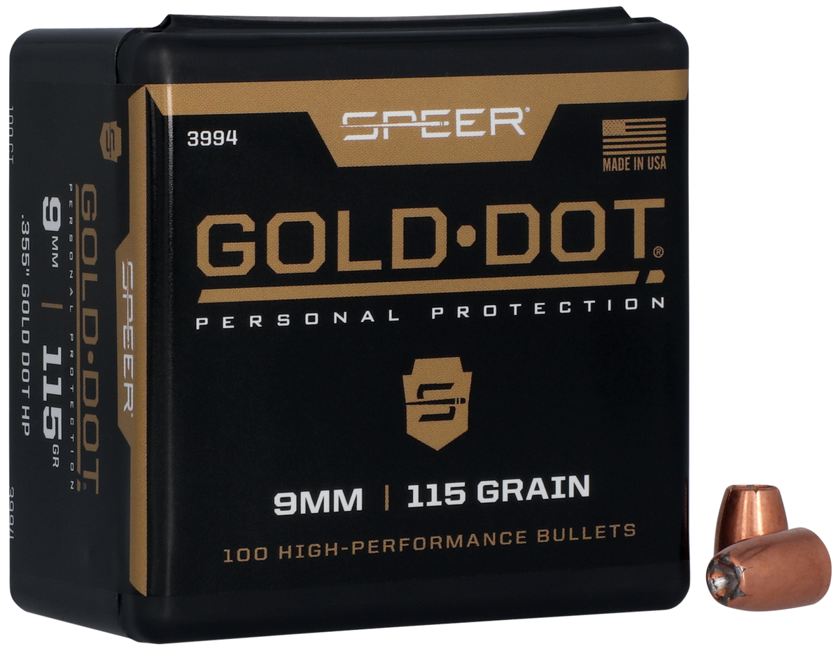 Speer Ammo 3994 Gold Dot Personal Protection 9mm Luger 115 gr Hollow Point Reloading Bullets - 100/Box