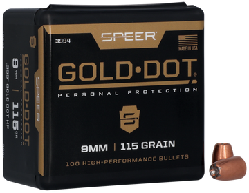 Speer Ammo 3994 Gold Dot Personal Protection 9mm Luger 115 gr Hollow Point Reloading Bullets - 100/Box