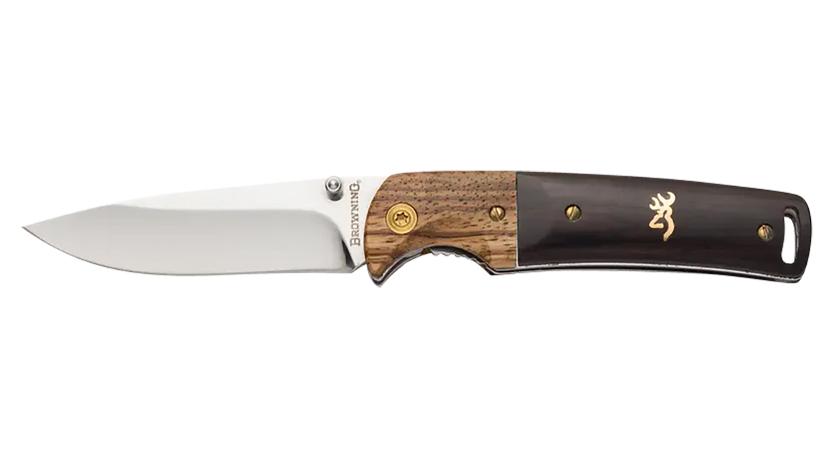 Browning Buckmark Hunter 3" Folding Drop Point Plain Mirror 8Cr14MoV SS Black/Natural Hardwood Handle