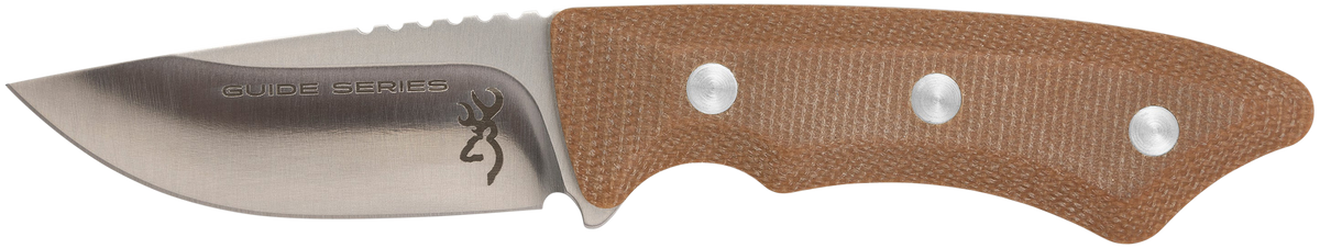 Browning Guide Series Small 3" Fixed Drop Point Plain Edge Satin 14C28N SS Blade Brown Micarta Handle