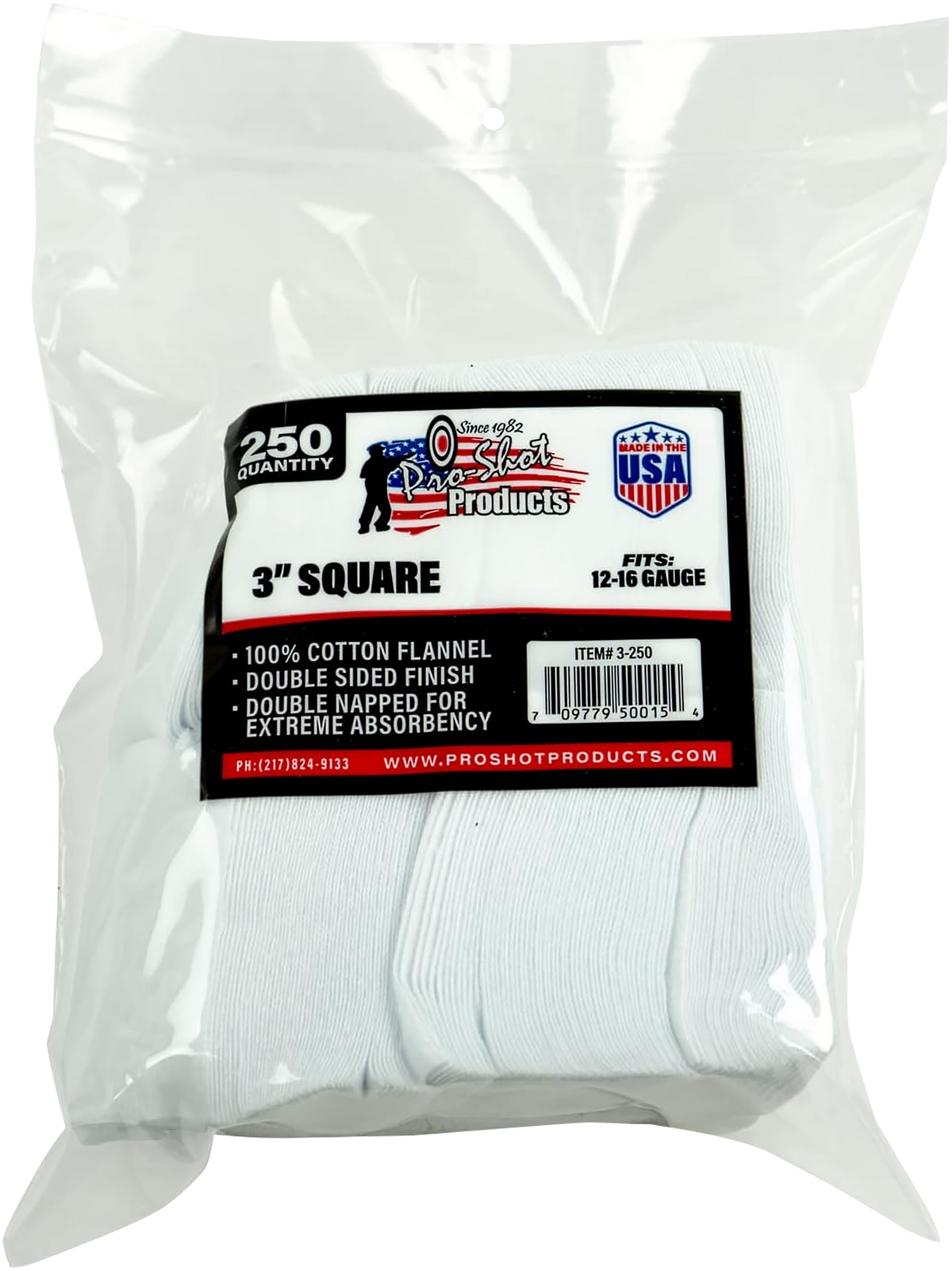 Pro-Shot 3250 Cleaning Patches 12-16 Gauge 3" Square Cotton Flannel 250 Pack