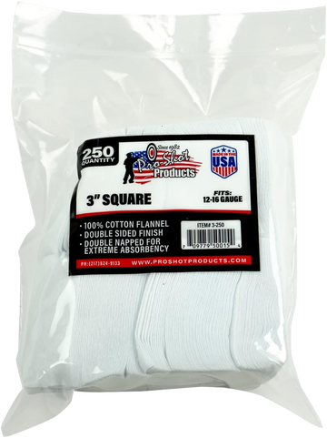 Pro-Shot 3250 Cleaning Patches 12-16 Gauge 3" Square Cotton Flannel 250 Pack