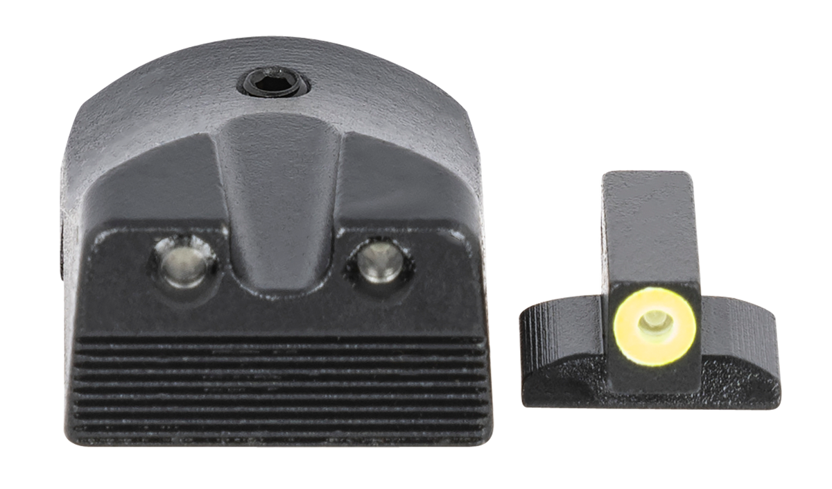 Meprolight USA Hyper-Bright Fixed Tritium Pistol Sight - Green Front/Yellow Outline, Green Rear/Black Outline - Kimber 1911 Slant