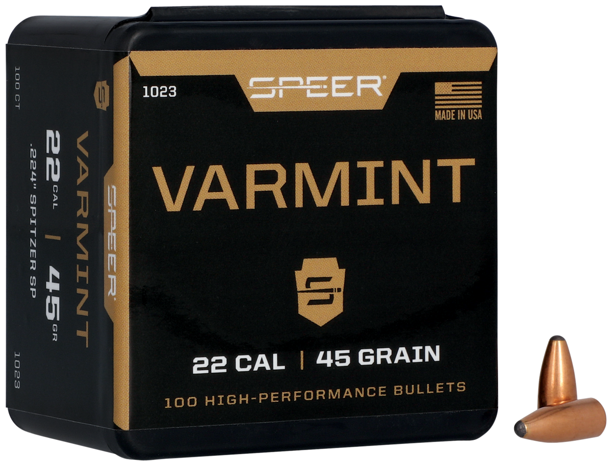 Speer Ammo 1023 Varmint 22 Cal 45gr Jacketed Soft Point Rifle Reloading Bullets - 100/Box