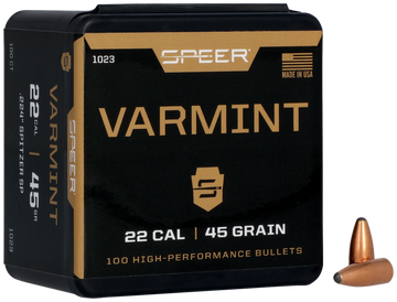 Speer Ammo 1023 Varmint 22 Cal 45gr Jacketed Soft Point Rifle Reloading Bullets - 100/Box
