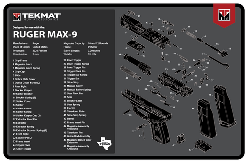 TekMat Ruger Max 9 11"x17" Pistol Cleaning Mat - Black/White Rubber