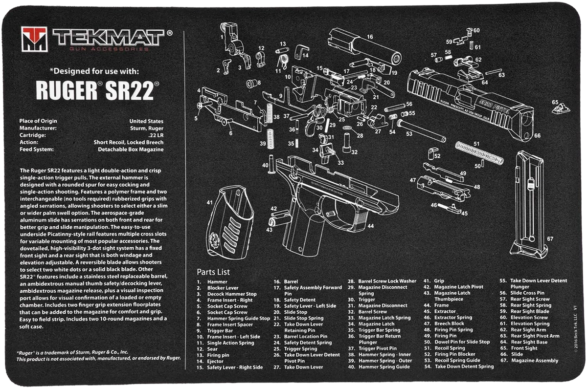TekMat Ruger SR22 Cleaning Mat 11"x17" Black/White Rubber