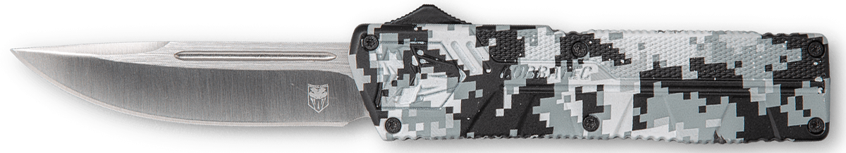 CobraTec Lightweight 3.25" OTF Drop Point D2 Steel Winter Digi Camo Aluminum Handle