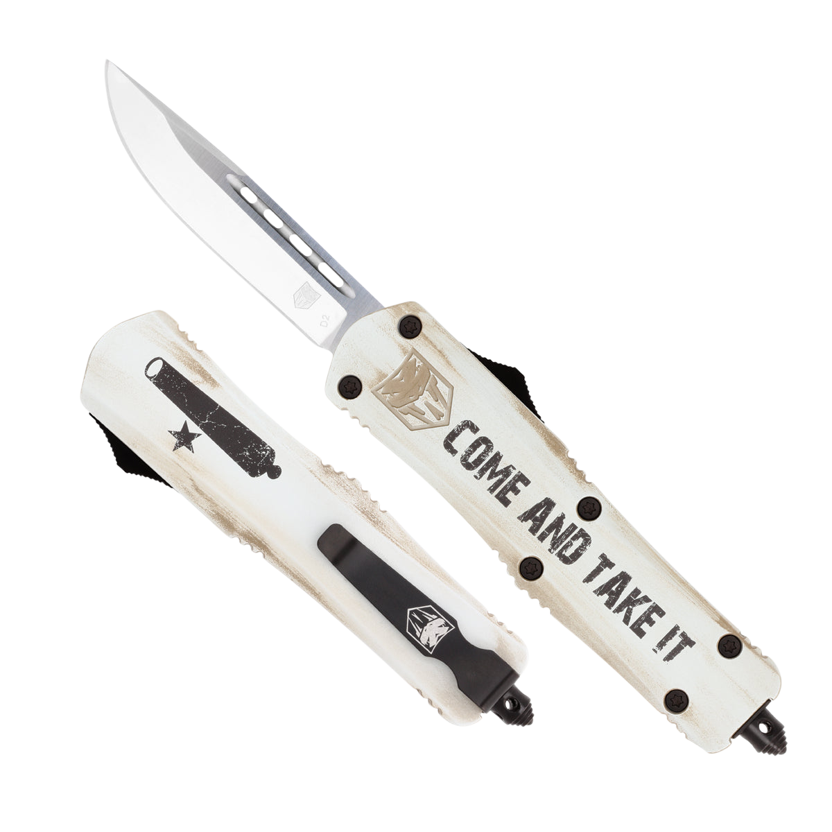 CobraTec Knives FS-3 Come And Take It Medium 3" OTF Drop Point Plain 154CM SS - White Aluminum