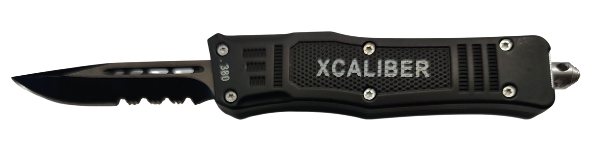 Xcaliber Knife Company 380 ACP Small 2.75" OTF Part Serrated Black 440C SS Blade Steel Handle